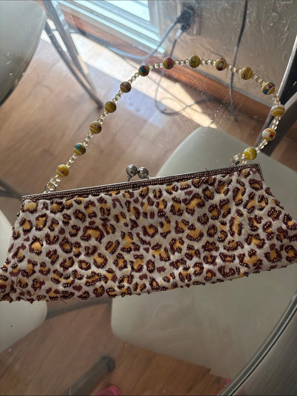 Leopard Beaded Handle Evening Clutch - Gold & Brown